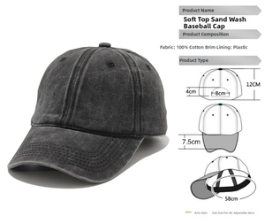 Detail view of washed cotton baseball cap with 100% cotton fabric and size dimensions