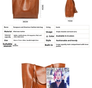 Brown oil-wax leather bucket bag with spacious main compartment and suede lining interior