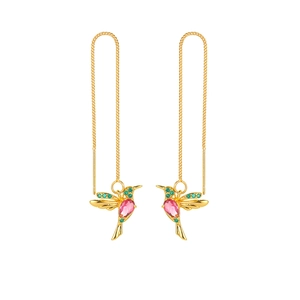 Exquisite hummingbird long chain earrings with pink crystals and green gems in gold finish