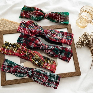 Christmas Headband Plaid Bow Knot Hair Band With Snowflake Pattern Elastic Fabric Headpiece For Women Girls Holiday Party
