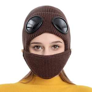 Winter pilot-style knit balaclava with integrated goggles and warm face mask in brown