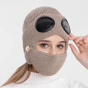 Oatmeal knit aviator hat with goggles and face mask for winter thermal warmth