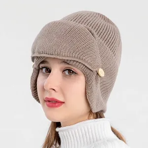 Winter pilot ear protection knit hat with brim and decorative buckle in khaki