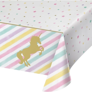 Disposable unicorn party tablecloth with gold foil silhouette and rainbow stars