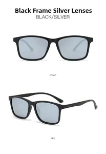 Détails de lunettes de soleil carrées à monture noire avec verres miroirs argentés et branches