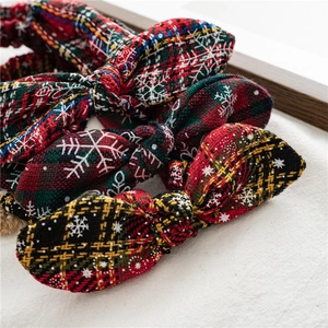 Plaid Christmas bunny ear headbands with festive snowflake patterns for women