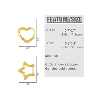 Detailed size chart showing dimensions and materials for heart and star hoop earrings