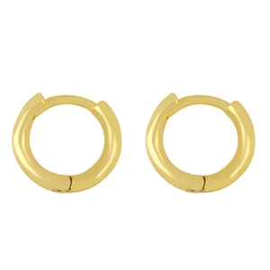 Polished gold geometric round hoop earrings with secure clasp on white background