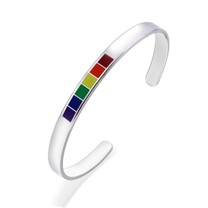 Polished silver stainless steel C-shape open cuff bracelet with rainbow color blocks