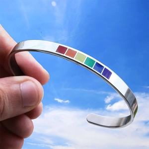Minimalist C-shaped rainbow stainless steel cuff bracelet with brushed metal finish