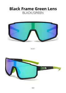 Detail of black frame sports sunglasses with green mirrored lens and anti-slip tips