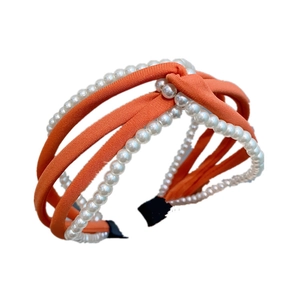 Elegant orange chiffon knot headband with multi-strand pearl wrap for a vintage look
