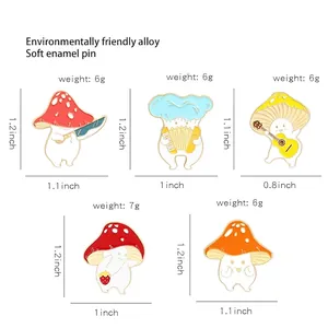 Size chart for cute enamel mushroom pins in five styles with weight and dimensions