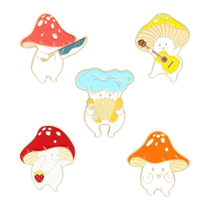 Five-piece cartoon mushroom enamel pin set featuring musical and quirky characters