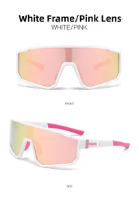 Front and side views of white frame sports sunglasses with pink mirrored lenses