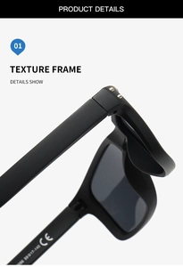 Detail view of matte black sunglasses hinge with silver rivets and CE certification marks