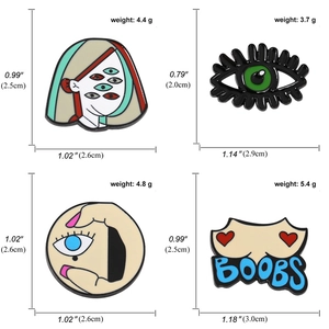 Picasso style enamel pins with multi-eyed girl and surreal illustrations in 4 styles