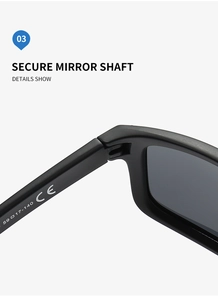 Detail of matte black sunglasses hinge with CE mark and 59-17-140 size specifications