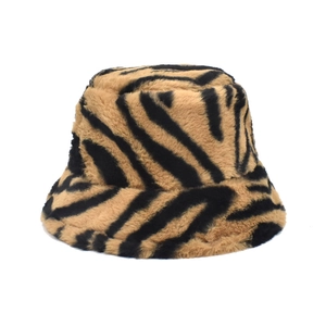 Winter faux rabbit fur bucket hat featuring a trendy yellow and black animal tiger print