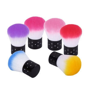 Detailed view of mushroom nail dust brushes with colorful gradient bristles and polka dot handles