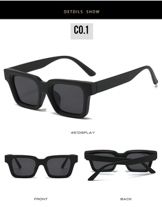 Three-angle view of vintage square sunglasses with matte black frames and wide temples