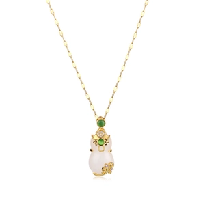Gold-plated qipao pendant necklace with white jade and green gemstone inlay details
