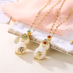Qipao Pendant Necklace Titanium Steel Chain 18K Gold Plated Copper Inlaid Imitation Jade Vintage Ethnic Style For Women