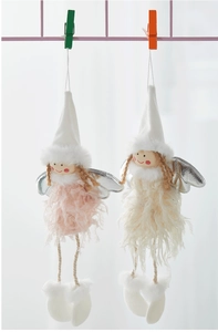Detail of plush angel Christmas tree pendants in soft pink and creamy white tones