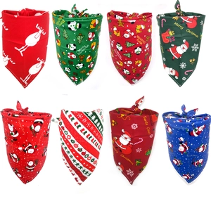Detail view of 8 different Christmas patterns for cotton pet bandanas with holiday prints
