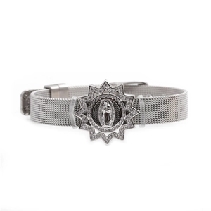 Silver mesh band bracelet with Virgin Mary emblem and sparkling rhinestone frame