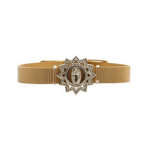 Golden stainless steel mesh bracelet featuring a Virgin Mary star pendant with zircon stones