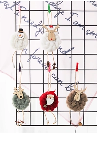Detail of wool felt Christmas ornaments including snowman and reindeer on a mesh rack