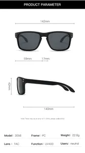 Detailed size chart for polarized sports sunglasses model 3056 with full dimensions