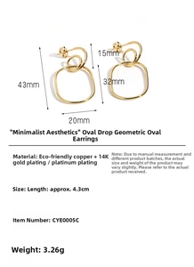 Detail view of gold-plated geometric hoop earrings with precise size measurements