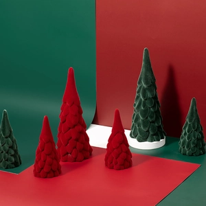 Modern flocked ceramic Christmas tree desktop ornaments in red and green for home decor