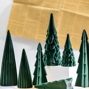 Set of dark green flocked ceramic Christmas tree ornaments for Nordic minimalist home decor