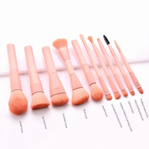 Detailed view of professional pink makeup brush set with functional labels on white background