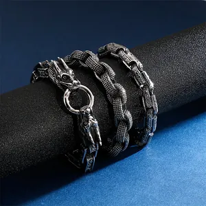 Bracelet chaîne tête de dragon vintage en acier inoxydable pour hommes avec reliefs gravés