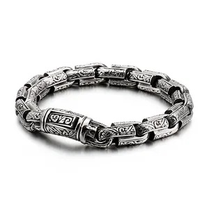 Bracelet vintage en acier inoxydable argenté avec gravure de totem dragon pour hommes