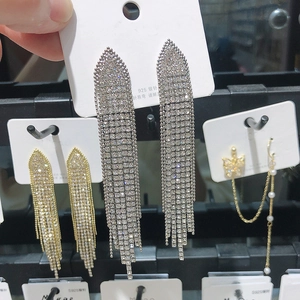 Detailed view of rhinestone tassel earrings with 925 silver needle on display card