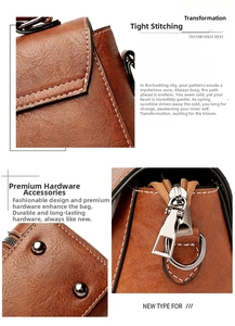 Close-up of vintage brown leather bag with white contrast stitching and silver hardware