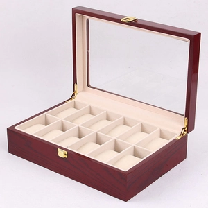 Redwood finish 12-slot wooden watch storage box with cream velvet lining and glass lid