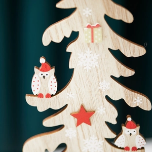 Wooden Christmas tree tabletop ornament with cute owl, stars and snowflake patterns