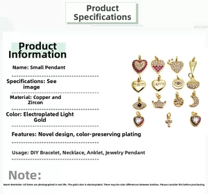 Detailed view of light gold plated copper and zircon charms for DIY jewelry making