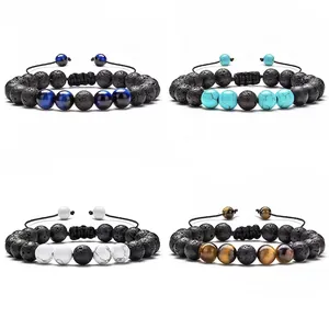 Adjustable braided stone bracelets with lava rock, tiger eye and turquoise beads