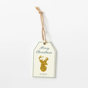 Christmas gift tag with gold glitter reindeer and Merry Christmas text on white background