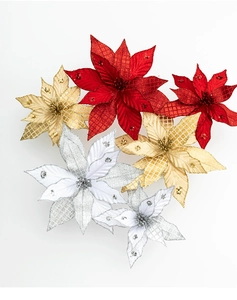 Detail of 30cm artificial Christmas poinsettias in red gold and silver with glitter