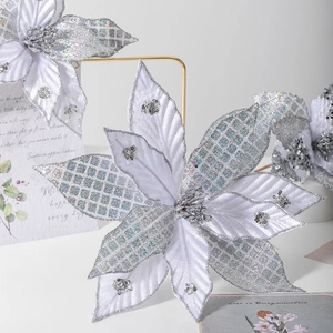 30cm silver artificial poinsettia with sequins and glitter for Christmas wreath decor