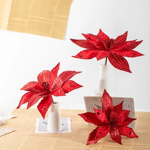Set of three large 30cm red artificial poinsettia flowers with sequins in a ceramic vase