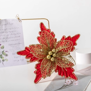 24cm Red and Gold Glitter Christmas Poinsettia Flower for Tree and Holiday Decor